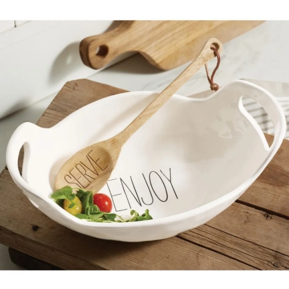 Serving Bowl and Wood Spoon Set Enjoy and Serve